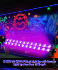 Two Pack 60W LED Black Light Bar With Remote For Glow Parties illuminating vibrant wall art indoors