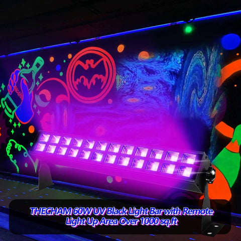 Two Pack 60W LED Black Light Bar With Remote For Glow Parties illuminating vibrant wall art indoors
