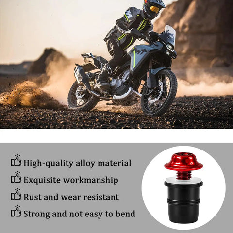 Tough As Nails Ten Piece Motorcycle Windshield Screw Bolt Kit With Red 5mm Mounting Fasteners And Heavy Duty Wrench For Vibration Proof Security And Smooth Highway Cruising on a motorcycle in a desert.