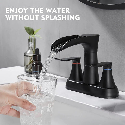 Matte Black 4 Inch Centerset Bathroom Faucet With Waterfall Flow Two Handle 3 Hole Sink 360 Swivel Spout Pop Up Drain Included