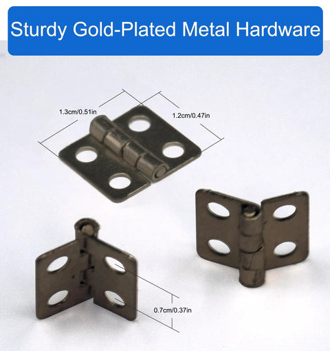30 Pack 13x12mm Antique Bronze Mini Butt Hinges With Screws For Boxes And Crafty DIY Projects, sturdy iron hardware shown in detail