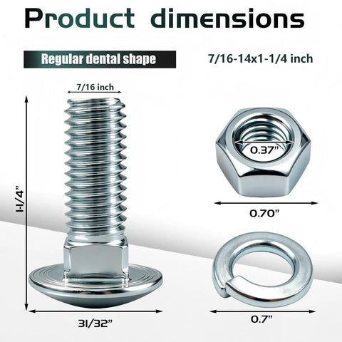 Heavy Duty Carriage Bumper Bolt Kit 7/16-14 X 1-1/4 Round Head Bolts For Ford Front And Rear Bumpers dimensions and components