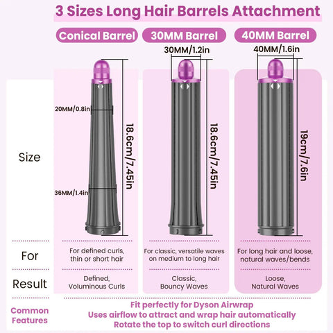 Comparison of 3 sizes of long hair barrels for Dyson Airwrap, showing conical, 30mm, and 40mm options with purple tops.