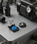 2 Pack Push Button Cover Dustproof Button Cap Protector 22mm on industrial equipment with blue button and clear guard