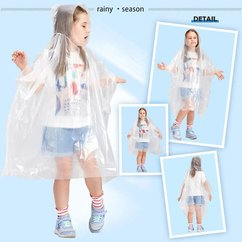 Child wearing Six Pack Kid Rain Ponchos Ultra Thick Disposable Hooded Rain Gear Clear Plastic Waterproof Emergency Ponchos For Kids Reusable Budget Friendly Great For School Trips Outdoor Play All Weather
