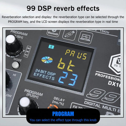 LCD display of 16 Channel DJ Mixer With 99 DSP Effects, 7 Band EQ, 48V Phantom Power, Bluetooth And USB Recording