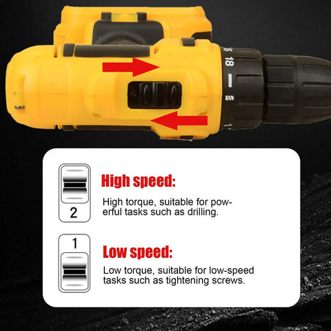Close-up of Straight Up Heavy Duty Cordless Drill With Quick Change Chuck showing speed settings for versatile use.
