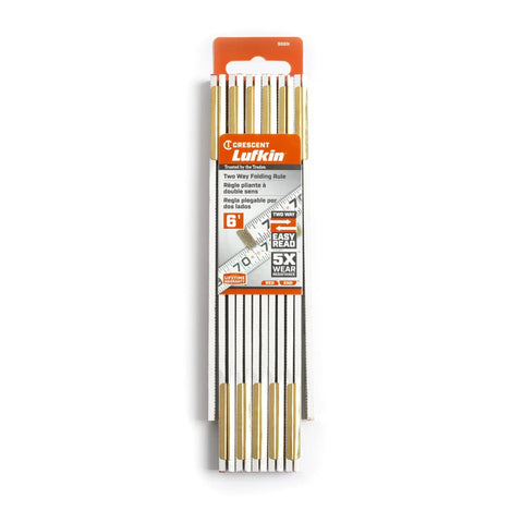 Two Way Red End Wood Rule Five Eighths Inch By Six Foot Dual Sided Measuring Rule in packaging, for left or right read, shop use