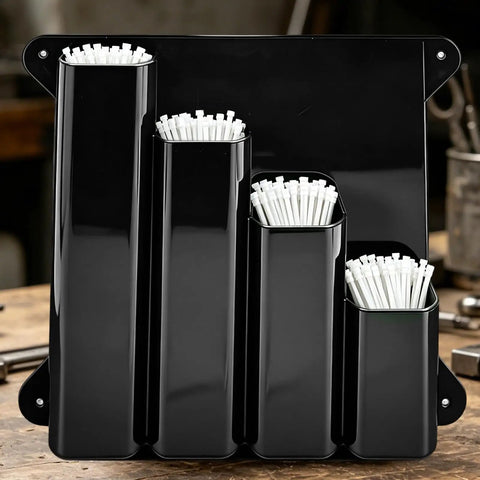 Heavy Duty Wall Mount Zip Tie Organizer Rack with aluminum construction and four pockets, holding white zip ties in workshop.
