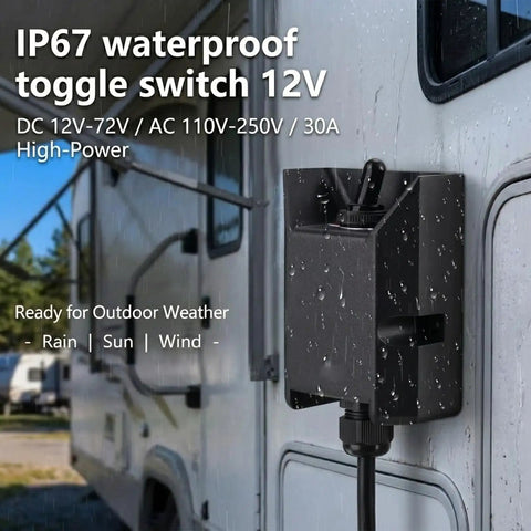Heavy Duty 12V 30A Waterproof Toggle Switch With Latching On Off IP67 for RV, showing black rugged industrial build