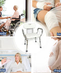 Heavy Duty Adjustable Shower Chair With Padded Armrests And Backrest For Inside Shower, surrounded by images of disabled, injured, hospital, and pregnant people.