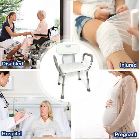 Heavy Duty Adjustable Shower Chair With Padded Armrests And Backrest For Inside Shower, surrounded by images of disabled, injured, hospital, and pregnant people.