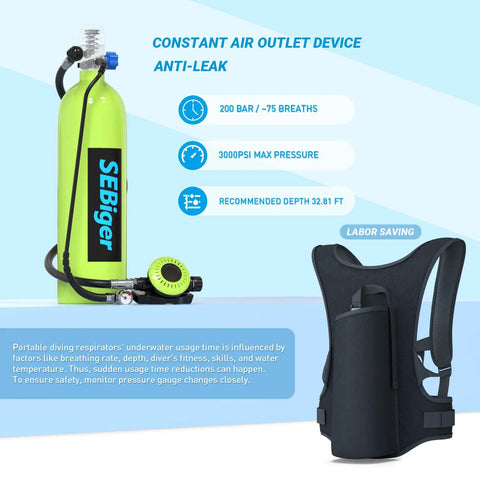 One Point Nine Liter Mini Scuba Tank With DOT Certified Pony Bottle Portable Grab And Go Underwater Breathing Kit shown with vest