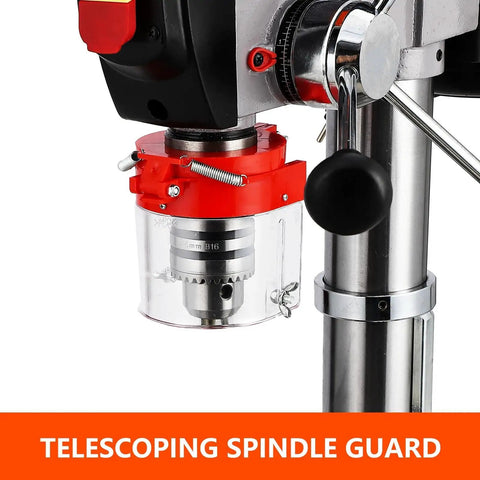 Close-up of the telescoping spindle guard on the 13 Inch Floor Drill Press With 7.5A Motor, Heavy Duty Cast Iron Construction.