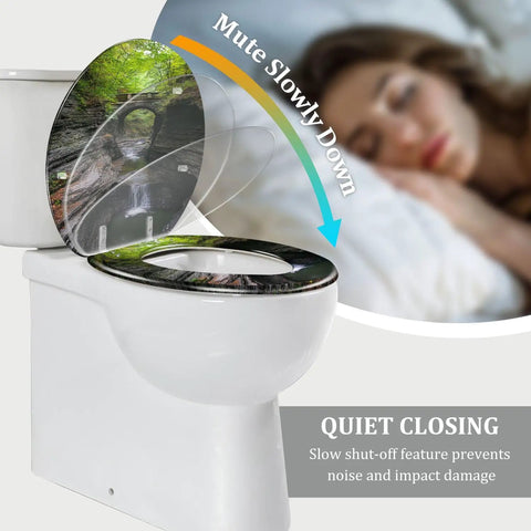 Round Resin Toilet Seat for Hiking Trail Restrooms with quiet closing feature, detailed nature design, fits standard toilets.
