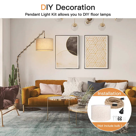 Plug And Play Boho Pendant Light With 16 FT Natural Linen Shade And Integrated On Off Switch Hemp Cord Featuring Slick Rustic Hanging Design For Modern Kitchen Bedroom Vibes in stylish living room setting.