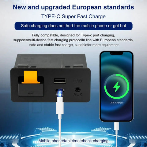Charging port and phone displaying charging status for Mazda Type-C Wireless CarPlay Retrofit Kit with European standards support.