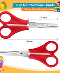 Bulk Pack Of 12 Kids Safety Scissors, 5 Inch Scissors For School And Craft, Soft Grips With Non Slip Handles, Rounded Safety Tips, Lightweight For Ages 4 5 6 7 8 9 10 12, Ideal Classroom And Craft Set red kids safety scissors with 2.7-inch blade and 13-inch length shown