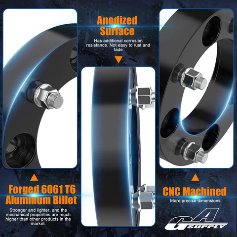 Close-up of ATV Wheel Spacers 4x137 1.5 Inch Thick 38mm Black with 4 Lug 12x1.5 Studs and anodized 6061-T6 aluminum alloy.