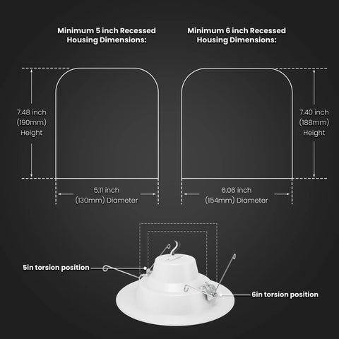 Dimensions chart for 5/6 In Led Recessed Downlight Retrofit Kit Adjustable Color Temp From 2700K To 5000K with housing specs.