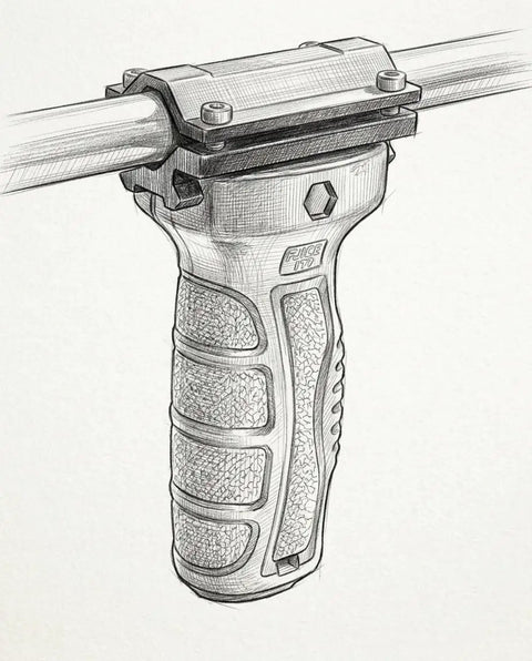 Tactical Shotgun Barrel Mount Clamp System, Five Slot, 2-Piece Design, Fits .75 to 1.1 Inch Barrels, shown in detailed sketch.