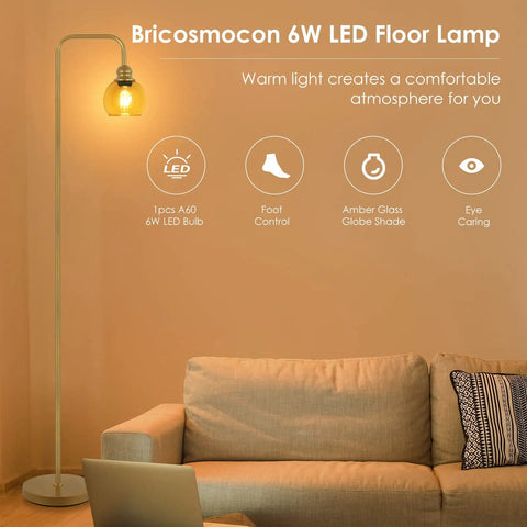 Modern Floor Lamp With Amber Glass Globe Shade And 6W LED Bulb, Industrial Tall Reading Lamp For Living Room And Home Office