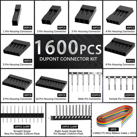 All In One Ratcheting 2.54mm Dupont Crimping Kit With 1600 Piece Connector Set showing connectors and ribbon cable
