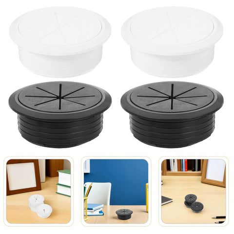 20 Piece Desk Cable Grommet Kit For Office Desks With Slick Black And White Wire Hole Covers Easy No Tool Install Conceal Cables On Your Computer Desk Plastic Grommets And Plugs For A Clean Tidy Pro-Grade Workspace. black and white plastic desk cable grommets, 20-piece set