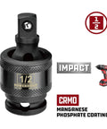1/2 Inch Drive Impact Universal Joint Socket Adapter Swivel With 360 Degree Rotation And 30 Degree Angled Access, Chrome Moly Beefy Impact Grade, Flexible For Tight Spaces, Works With Standard Ratchets Extensions And Tools. Black CRMO impact universal joint adapter with 1/2 drive and manganese phosphate coating