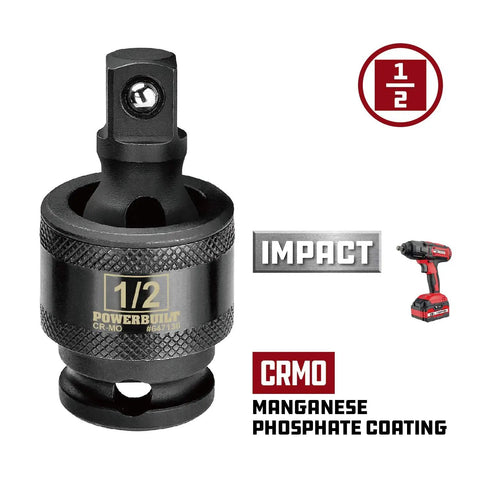 1/2 Inch Drive Impact Universal Joint Socket Adapter Swivel With 360 Degree Rotation And 30 Degree Angled Access, Chrome Moly Beefy Impact Grade, Flexible For Tight Spaces, Works With Standard Ratchets Extensions And Tools. Black CRMO impact universal joint adapter with 1/2 drive and manganese phosphate coating