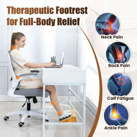 Ergonomic Under Desk Foot Rest With Non Slip Surface For Better Posture And Circulation beside desk, showing relief icons for neck and back pain.
