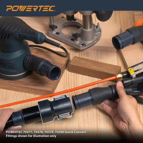 Dust Collection Fitting With Quick Change Adapter For Shop Vacuum Hoses And Fittings Universal Fit From Two And A Half Inches To One And A Half Inches Quick Connector No Fuss Versatile Vacuum Tool Adapter in use with woodworking tools on workbench.