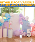 Colorful balloon arch with pastel balloons, clear balloon arch clips 30 pack, 2 inch plastic backdrop clamps for party decor.