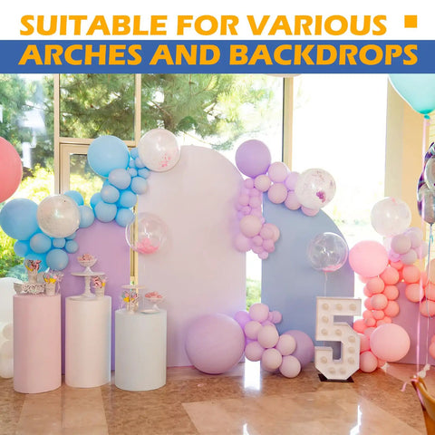 Colorful balloon arch with pastel balloons, clear balloon arch clips 30 pack, 2 inch plastic backdrop clamps for party decor.