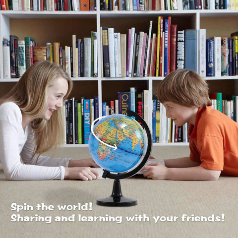 Two children playing with a Compact Four Inch Globe For Kids And Classroom Learning Portable Desktop World Map With Latitude Scale