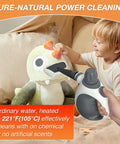 Child using Straight Up Supercharge Handheld Steam Cleaner with Bonus Attachments on a plush toy for safe cleaning.