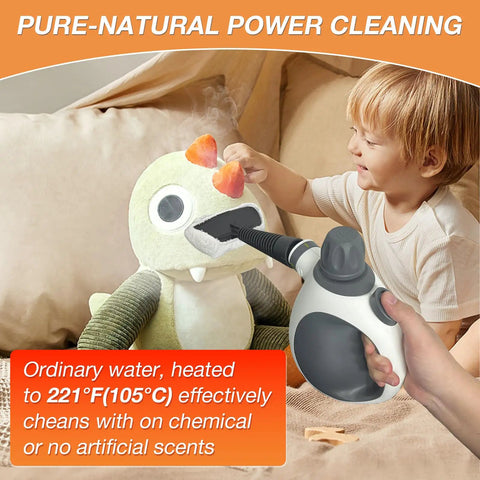 Child using Straight Up Supercharge Handheld Steam Cleaner with Bonus Attachments on a plush toy for safe cleaning.