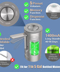 Foldable Automatic Water Bottle Pump For 1 To 5 Gallon Jugs Portable USB Rechargeable Electric Drinking Water Dispenser With 5 Preset Volumes Ideal For Kitchen Office Camping Silver, showing features like foldable outlet and battery life.