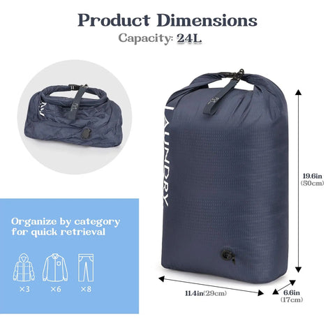 24L Travel Laundry Bag With Vacuum Compression For Dirty Clothes, Waterproof Wet Dry Storage, Odor Proof Organizer Dimensions