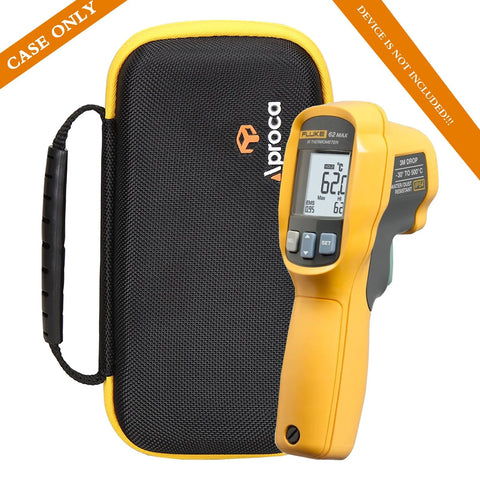 Front view of Aproca case for Fluke infrared thermometer accessories; black fabric with yellow trim, case only.