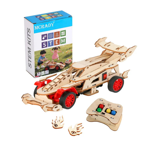 Awesome Remote Control F1 Car STEM Kit For Kids Aged 8 To 14 with wooden parts, controller, and packaging box