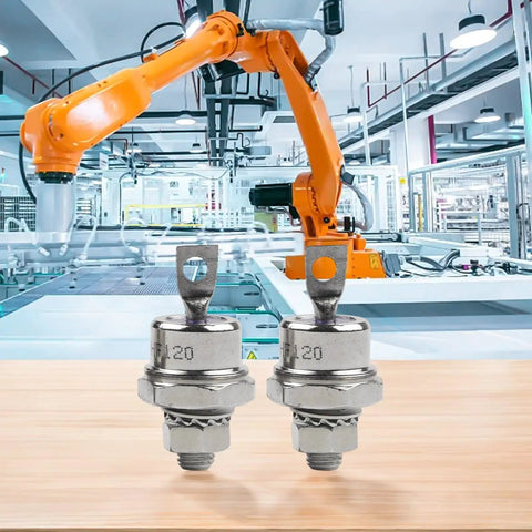 Pack Of Two Built Tight Stud Mount Diode Rectifiers Rated 40 Amps And 1200 Volts, displayed in an industrial setting with robotic arm.