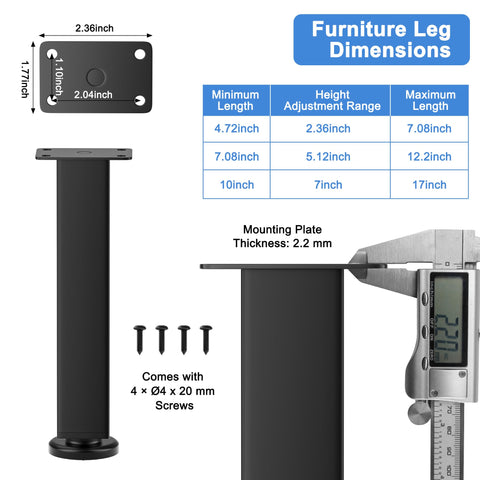 Heavy Duty Adjustable Bed Support Legs Set Of Four With Swivel Rubber Feet Non Slip Base 7 To 12 Inch Height Adjustment For Sofa Couch Dresser Table Zero Wiggle Leveling Solution Built Tough dimensions illustration