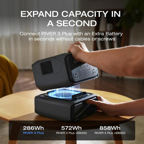 Connecting RIVER 3 Plus Solar Generator with 110W Panel 286Wh LiFePO4 Battery to an extra module on a table.
