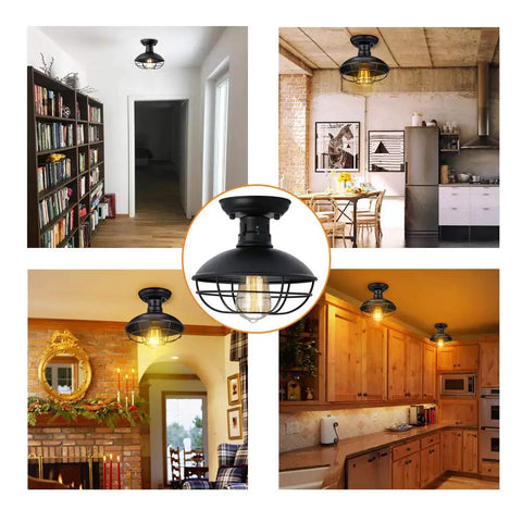 Industrial Farmhouse Ceiling Light Fixture With Metal Cage Shade Copper Finish Close To Ceiling Mount E26 Base installed in various rooms.