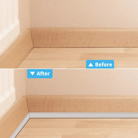 Before and after installation of Peel And Stick Flexible Quarter Round Molding Trim For Walls, white, easy install.