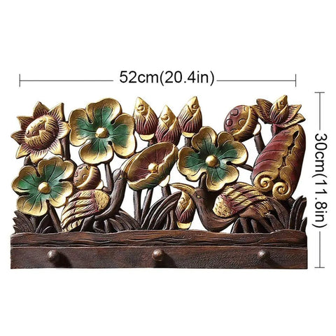 Handcrafted Solid Wood Wall Mount Coat Rack Heavy Duty Hooks For Keys Hats Daily Carry Gear Organizer Entryway Mudroom Bedroom Kitchen Rustic Household Essential with floral design, 52cm x 30cm.