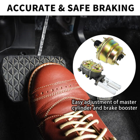 Brake booster adjustment tool with magnet design; inset shows front view of brake pedal pressed by a brown leather shoe.