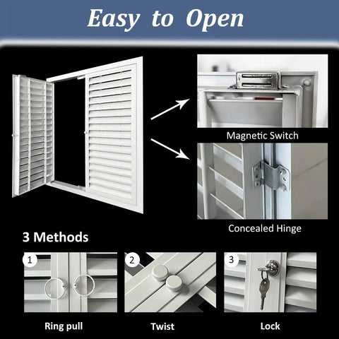 Real Deal Aluminum Louvered Access Panel With Double Door Inspection Hatch And Vented Wall Hole Cover For A Straight Up Smooth Custom Ceiling Or Drywall Install showing easy open features like magnetic switch and concealed hinge.