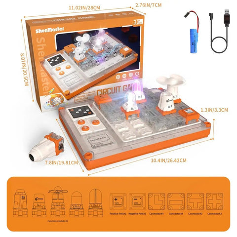 Ultimate STEM Electronics Kit for Kids: 500+ Circuit Projects, Safe Kid Friendly Parts, QR Guided Step by Step Guides, RGB Lights, Fan, Music, and Bonus Projection for Ages 5 and Up, orange circuit board kit with box